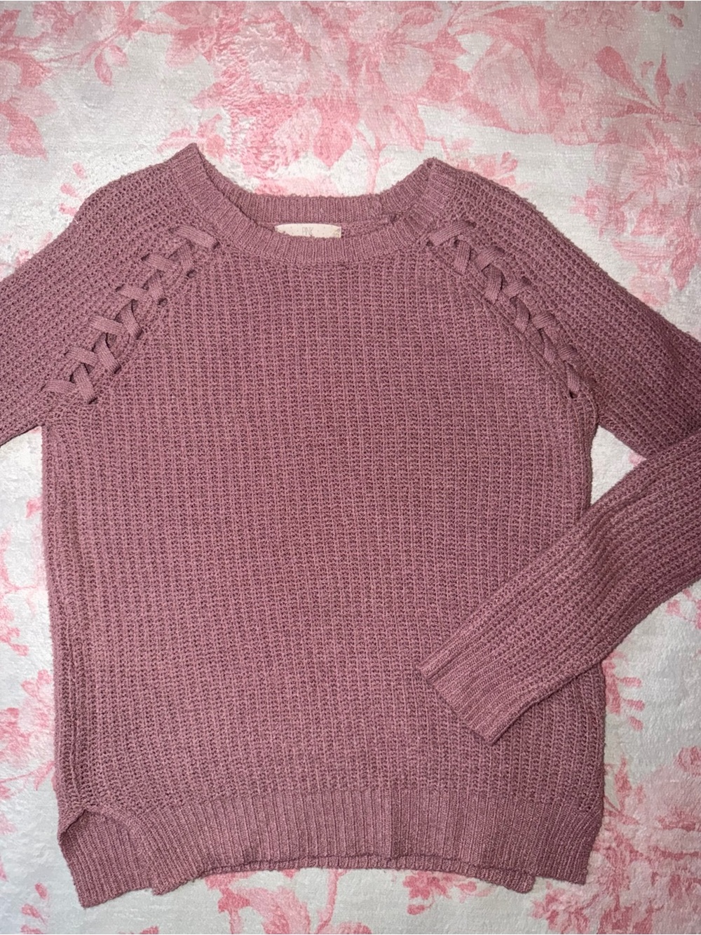 Pink Rose Mauve Lace-Up Shoulder Crewneck Sweater